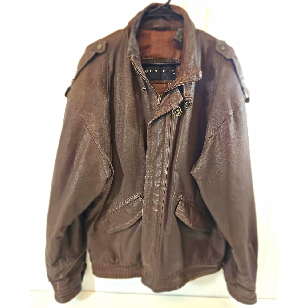 CONTEXT Men's Brown Genuine Leather Jacket Full Zip Lined Pockets Big & Tall XLT